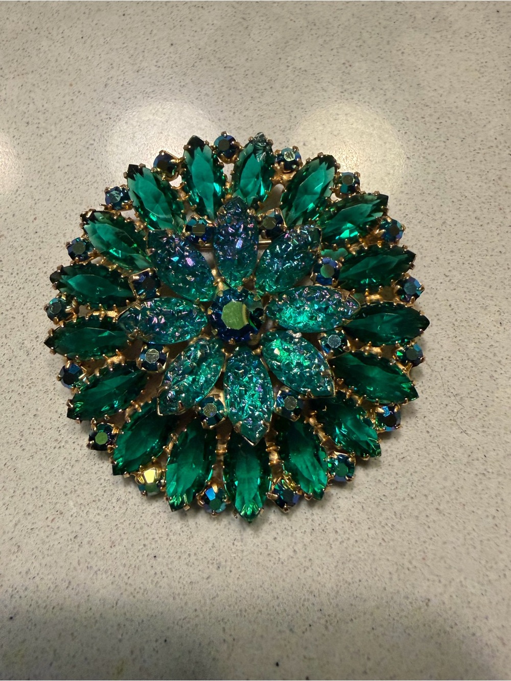 Vintage Green Rhinestone Brooch AB Crystal Floral Starburst 2.5”